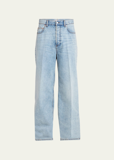Shop Valentino Men's Wide-leg Jeans With V Logo In Denim