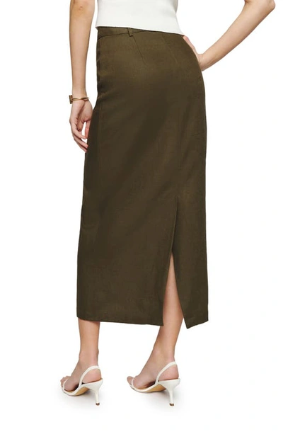 Shop Reformation Gia Linen Midi Skirt In Dark Olive