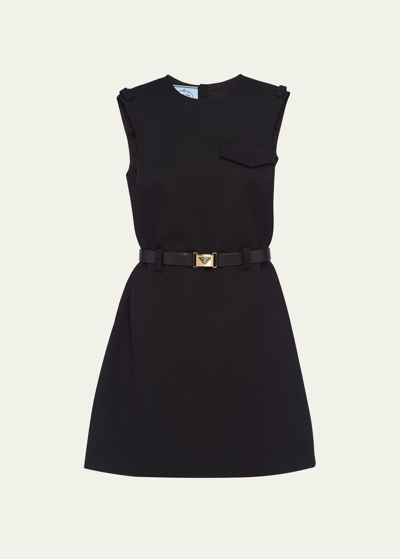 Shop Prada Natte Stretch Belted Mini Dress In F0002 Nero