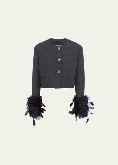 Shop Prada Mat Feather-cuff Cropped Jacket With Crystal Buttons In F0480 Ardesia