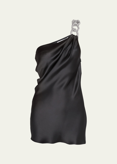 Shop Stella Mccartney Falabella Crystal-chain One-shoulder Satin Mini Dress In 1000 Black