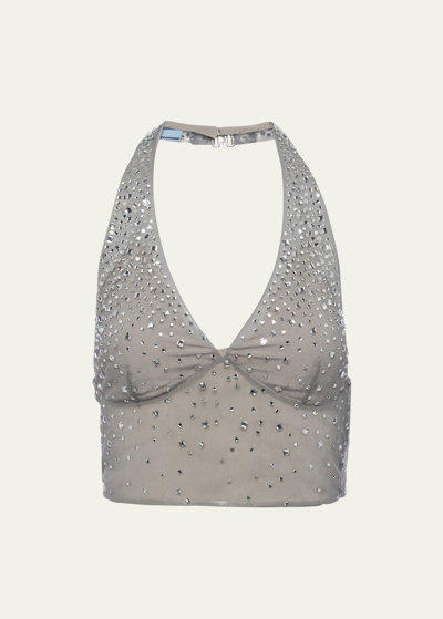 Shop Prada Crystal-studded Tulle Halter Top In F073x Granito
