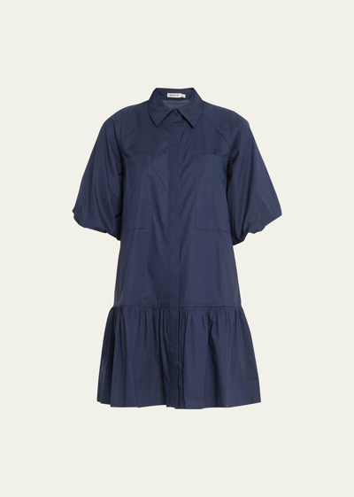 Shop Simkhai Crissy Puff-sleeve Cotton Poplin Mini Shirtdress In Midnight