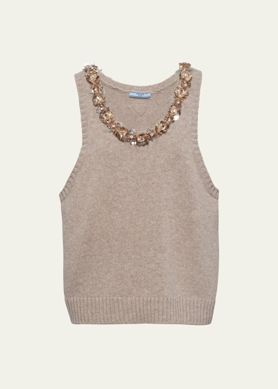 Shop Prada Ricamo Sleeveless Embellished Wool And Cashmere Knit Top In F0065 Corda