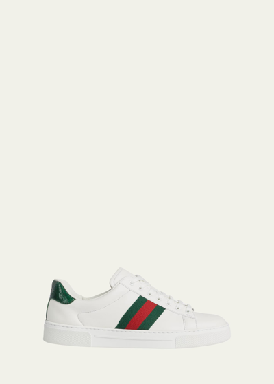 Shop Gucci Ace Leather Web Low-top Sneakers In Bianco