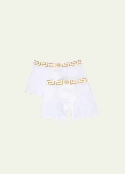 Shop Versace Two-pack Greca Border Long Boxer Trunks In White Pattern