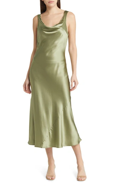 Shop Reformation Bryn Cowl Neck Silk Dress In Artichoke