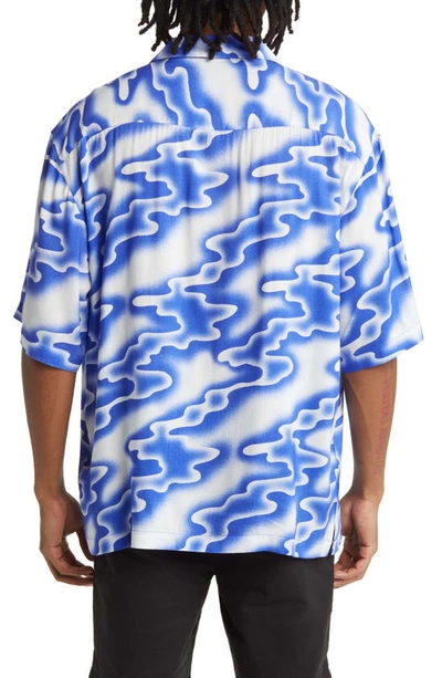 Shop Topman Wave Print Short Sleeve Button-up Shirt In Mid Blue