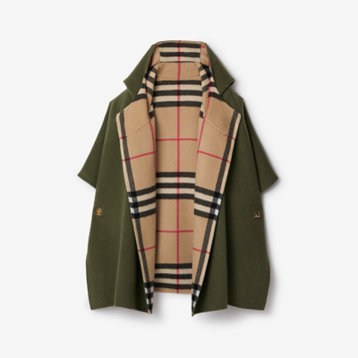 Shop Burberry Cashmere Reversible Hooded Cape In Shrub