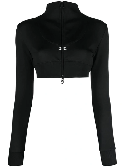 Shop Courrèges Cropped Zipped Sweatshirt In Black