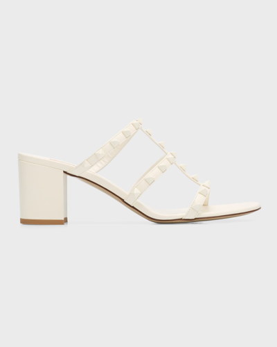 Shop Valentino Rockstud Tonal Nappa Leather Caged Sandals In Ivory