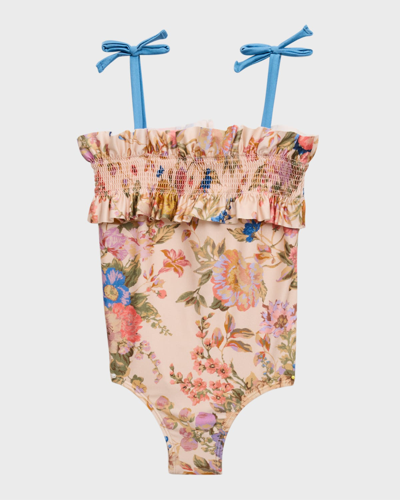 Shop Zimmermann Girl's August Shirred Floral-print Swimsuit In Cream Floral