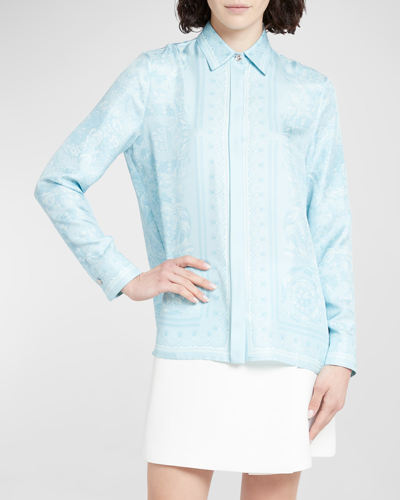 Shop Versace '92 Baroque Print Formal Shirt In Pale Blue