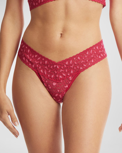 Shop Hanky Panky Cross-dyed Leopard Low-rise Lace Thong In Berry Sangria-pin