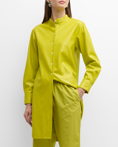 Shop Natori Band-collar Faux Leather Shirt Jacket In Chartreuse