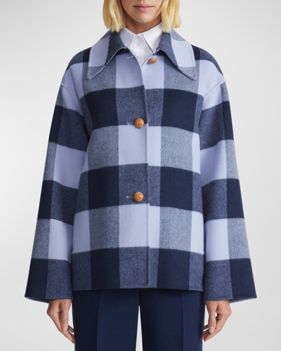 Shop Lafayette 148 Double-face Gingham Wool-cashmere Coat In Midnight Blue Mul