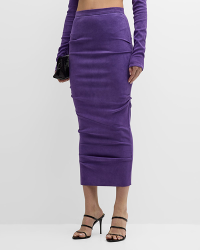 Shop Laquan Smith Ruched Suede Midi Pencil Skirt In Grape