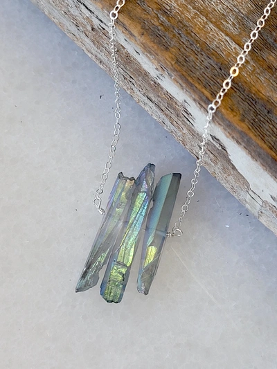 A Blonde And Her Bag Three Raw Mystic Grey Quartz Crystal Pendant Necklace In Silver In Silver