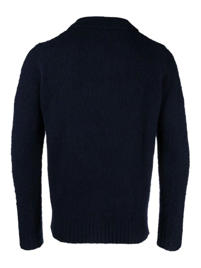 Shop Aspesi Collared Knitted Polo Shirt In Navy