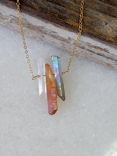 A Blonde And Her Bag Three Raw Quartz Crystal Pendant Necklace With Mystic Grey, Rainbow And Peach Quartz In Gold In Multi