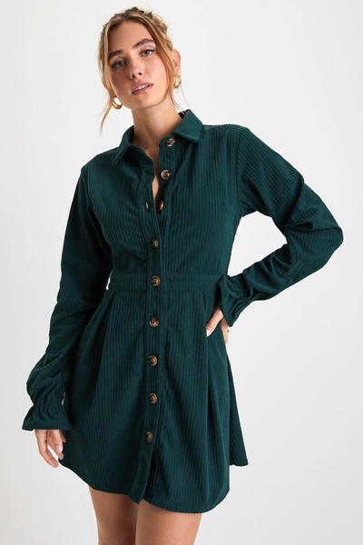 Lulus Autumn Mood Emerald Green Corduroy Button-up Skater Mini Dress In Emerald Green