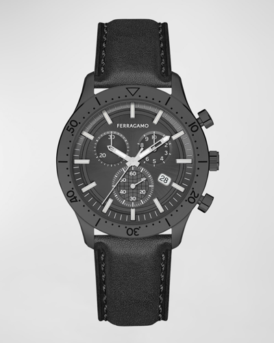 Shop Ferragamo Men's 43mm  Master Chrono Watch With Leather Strap, Black In Ip Black