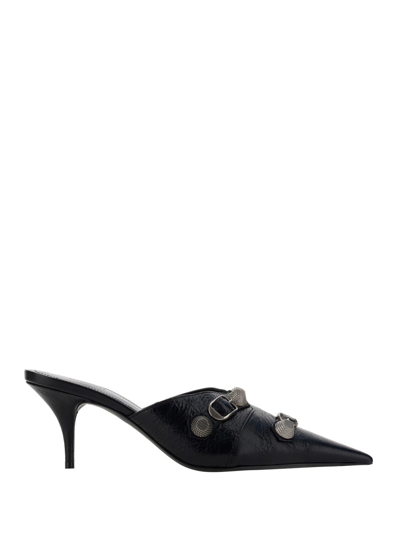Balenciaga Cagole 90 Pointed Mules In Lamb Leather In Black/silver