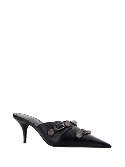 Balenciaga Cagole 90 Pointed Mules In Lamb Leather In Black/silver