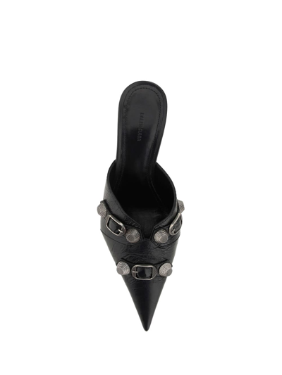 Balenciaga Cagole 90 Pointed Mules In Lamb Leather In Black/silver