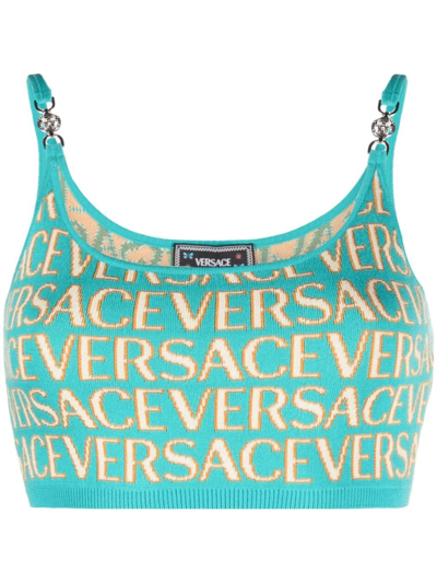 Shop Versace Jacquard Knit Top In Green