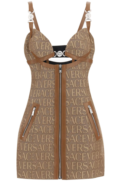 Versace Embellished Leather-trimmed Cutout Canvas-jacquard Mini Dress In Beige