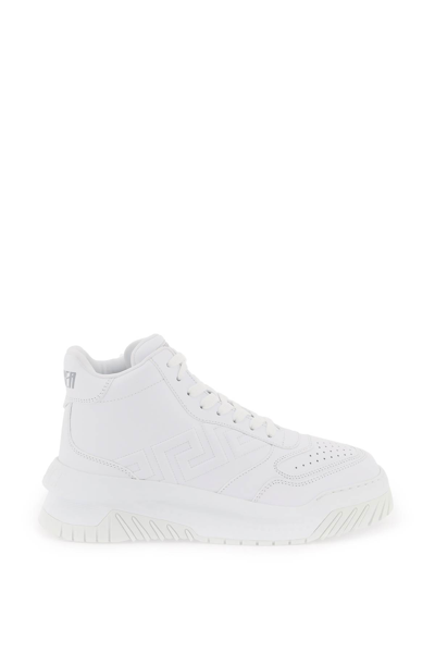 Shop Versace Greca Odissea High Sneakers In White Calf Leather In Optical White (white)