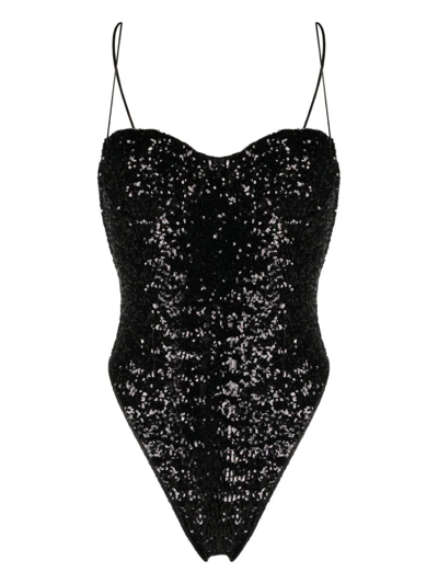 Shop Oseree `paillettes` Balconette One-piece Swimsuit In Black  
