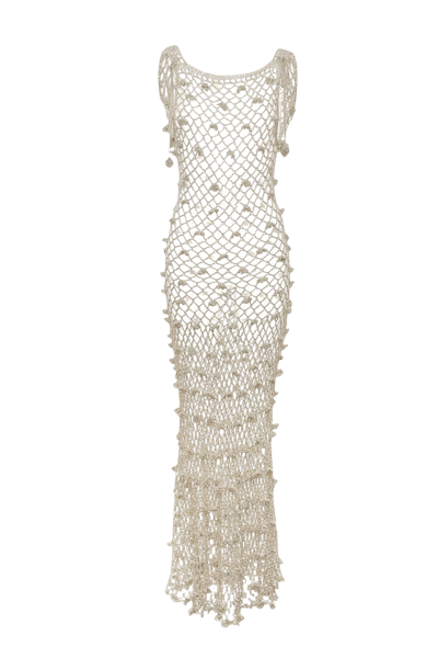 Shop Andreeva Malva Metallic Handmade Crochet Maxi Dress In Silver