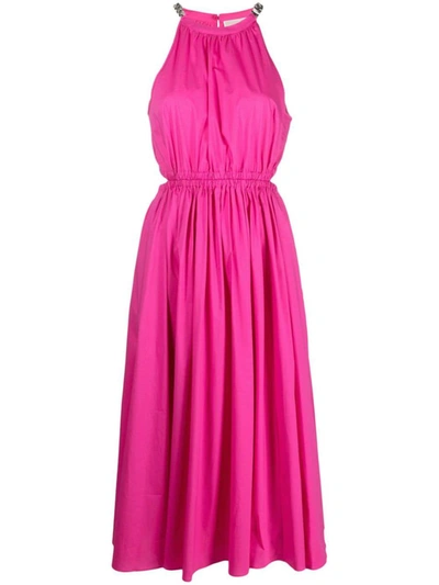 Shop Michael Michael Kors Fuchsia Midi Dress With Chain And Cut-out Detail In Stretch Cotton Woman In Fuxia