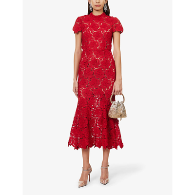 Shop Self-portrait Women's Red Floral-lace Midi Dress