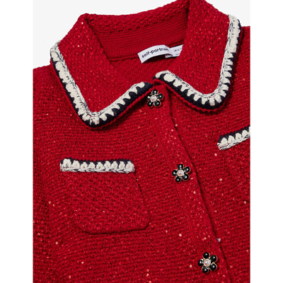 Shop Self-portrait Self Portrait Girls Red Kids Sequin-embellished Collared Woven-blend Cardigan 4-12 Years