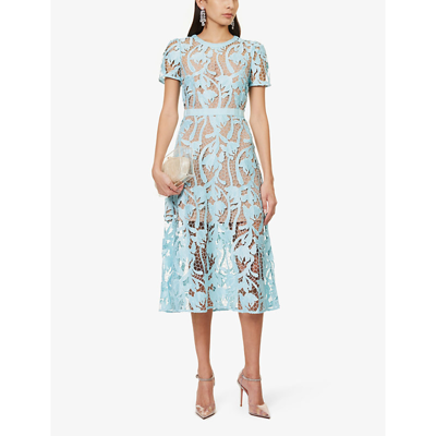 Shop Self-portrait Women's Blue Slim-fit Semi-sheer Lace Midi Dress