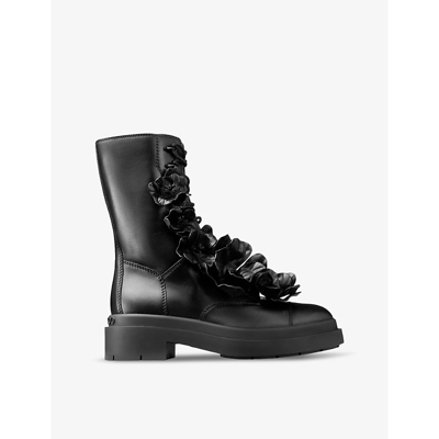 Jimmy Choo Nari Flowers Combat Booties In Black Leather In Black