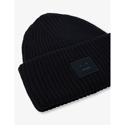 Acne Studios Mens Black Face Logo-patch Wool-knit Beanie In Black