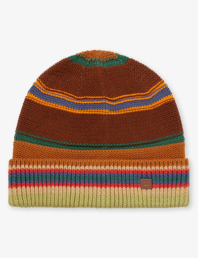 Shop Acne Studios Striped Logo-patch Cotton-knit Beanie In Cinnamon Brown Multi