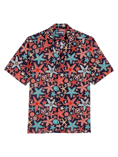 Shop Vilebrequin Men's Charli Cotton-linen Graphic Camp Shirt In Bleu Marine