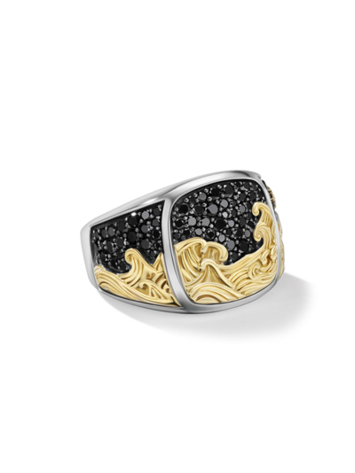 Shop David Yurman Men's Waves Signet Ring In Sterling Silver In Black Diamond