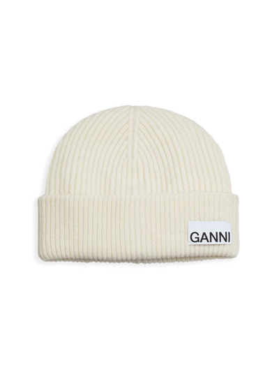 Shop Ganni Women's Rib-knit Wool-blend Beanie In Egret