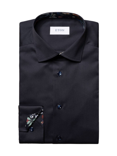 Shop Eton Men's Slim Fit Solid Shirt With Floral Contrast Detail In Blue