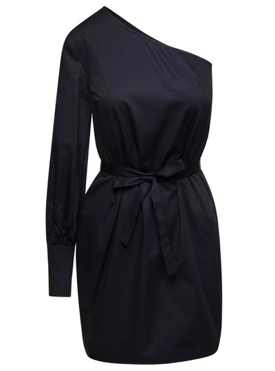 Shop Douuod Mini Black One-shoulder Dress With Waist Belt In Cotton