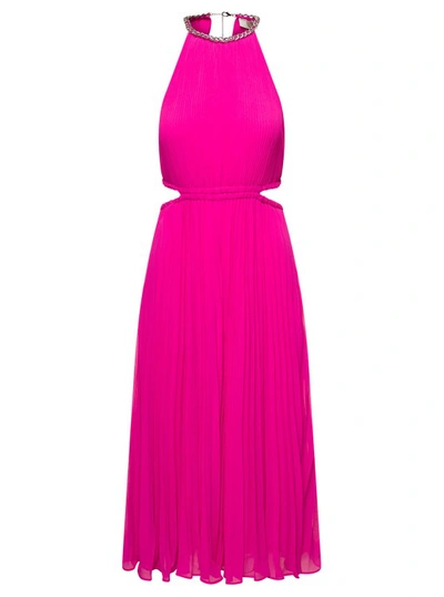 Shop Michael Michael Kors Midi Fucshia Pleated Dress With Chain And Cut-out Detail In Recycled Polyester Blend In Pink