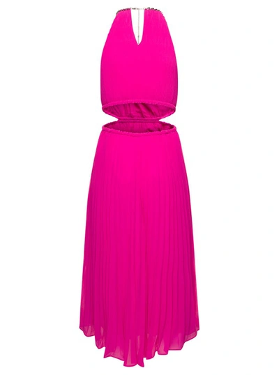 Shop Michael Michael Kors Midi Fucshia Pleated Dress With Chain And Cut-out Detail In Recycled Polyester Blend In Pink