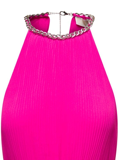 Shop Michael Michael Kors Midi Fucshia Pleated Dress With Chain And Cut-out Detail In Recycled Polyester Blend In Pink