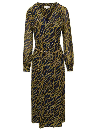 Shop Michael Michael Kors Black And Gold-tone Midi Shirt Dess With Chain Print All-over In Polyester